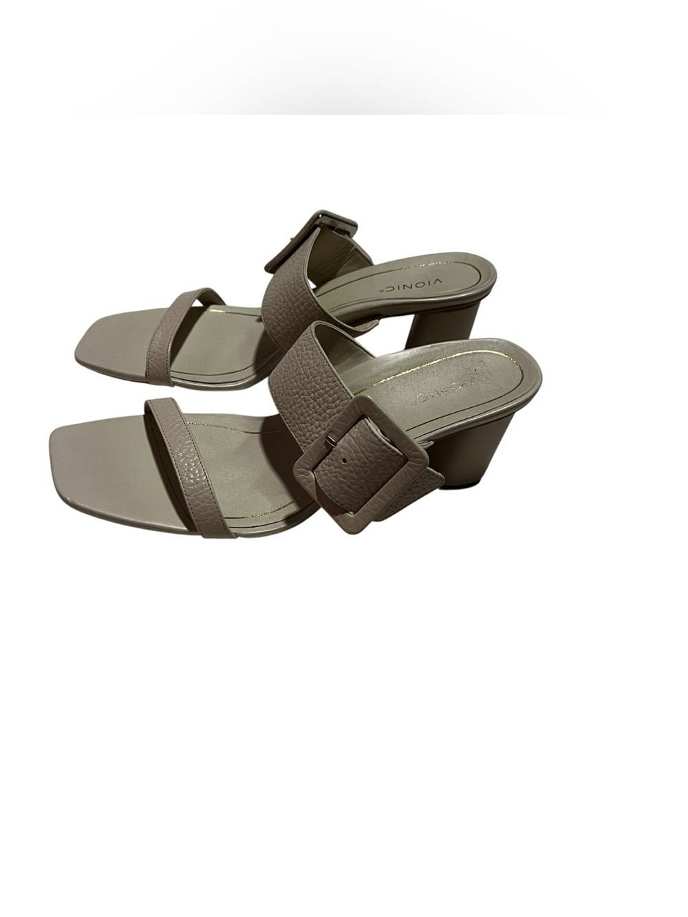 Vionic taupe Brookell Buckle Strap Sandals square toe heels 11